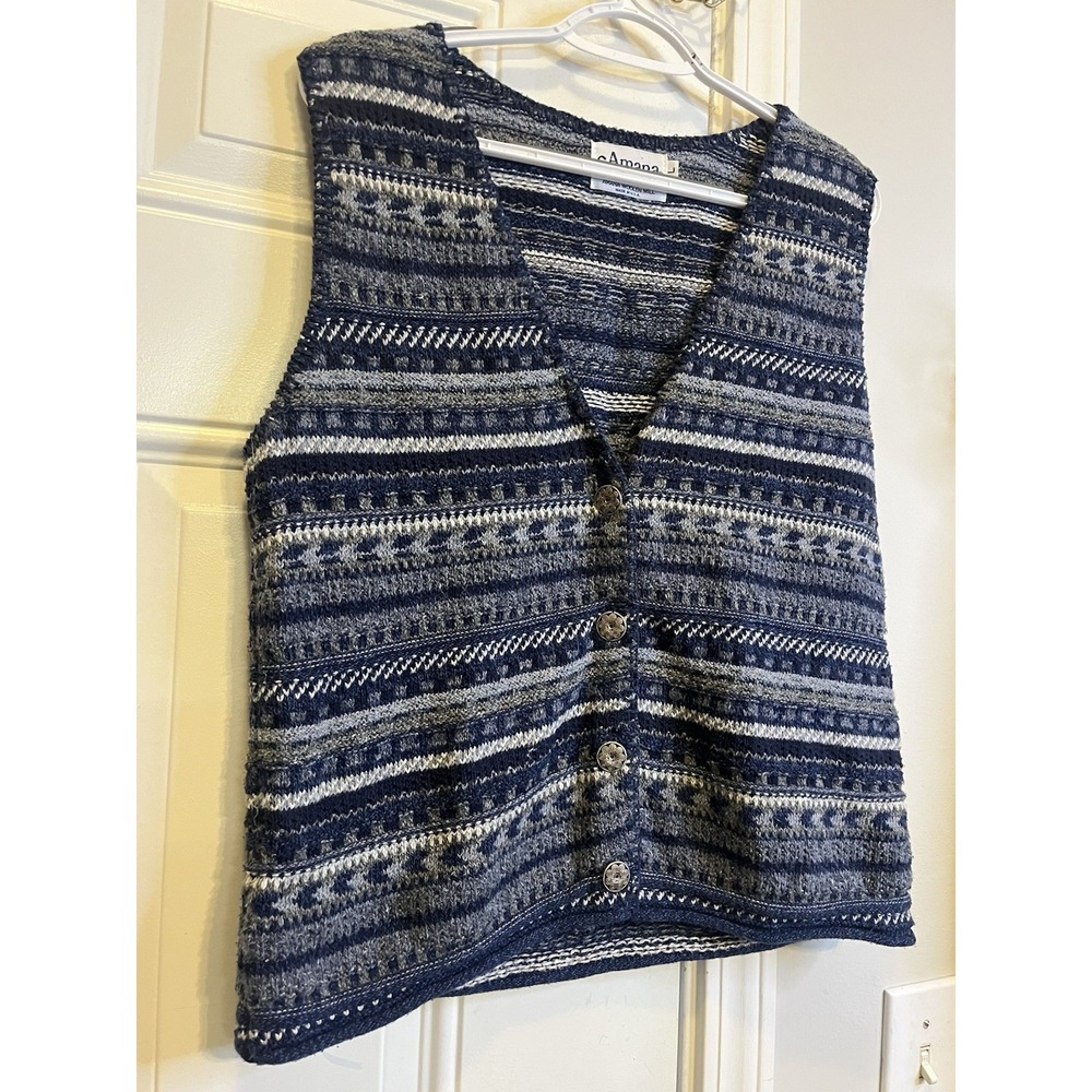 VTG Amana Woolen Mill Knit Fair Isle Vest Women's Large Blue Ornate Buttons - Picture 2 of 7